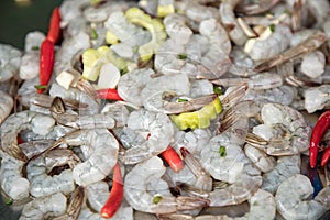 Close up shot of cooked shrimps on tray at street market of Bang