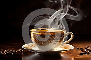 A close - up shot of a cup of steaming hot coffee, with wisps of aromatic steam rising from the surface illustration generative ai