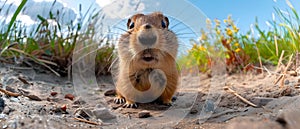 Close-up shot of a curious lemming in its natural habitat with a distorted fisheye effect. Concept