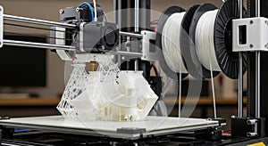 3D Printer Creating Complex White Object with Filament Spools