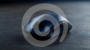 A close up shot of a dark blue wireless computer mouse on dark surface
