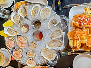 Close up shot of delicious raw oyster plate