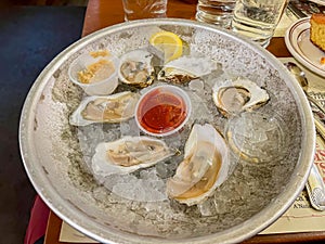 Close up shot of delicious raw oyster plate
