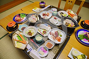 Close up shot of a delicious and sumptuous Kaiseki dinner