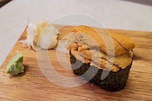 Close up shot of a delicious Uni sushi