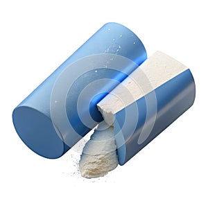 Two geometric shapes cylindrical and rectangular with a pointed object white background