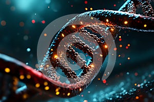 A close-up shot of a double helix of DNA being unwound during the process of replication, with enzymes interacting with the