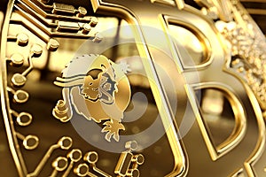 Close up shot on Dragon Logo on conceptual Bitcoin Satoshi Vision coin Bitcoin SV or BSV. 3D rendering