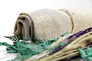 Close up shot of dried common lady-fern leafs and foxtail millet