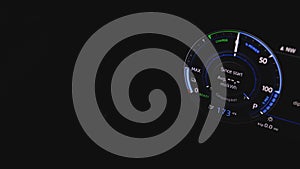 Close up shot of electric car dashboard view during fast charging. Green energy zero emission car car interior view
