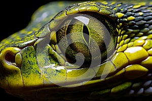 Close-up shot of enchanting green snake showing mesmerizing gaze and unique, intricate scales