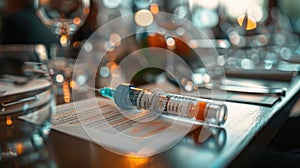 A close-up shot of an epinephrine auto-injector on a table, with a blurred background of a dining setting. This image