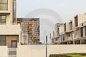 Close up shot of a facade of a modern townhouses. City