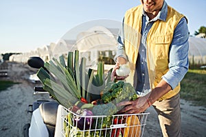 Close up shot of farmer in yellow jacket with vegetables