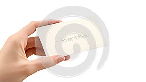 Hand holding blank white card isolated on white background