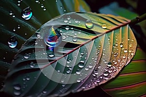 Close-up shot features a single raindrop on leaf nature reflecting rays of prism in a rainbow of colors. Generative AI