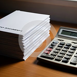 Stack of Tax Documents with Calculator