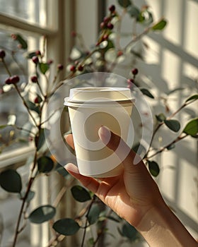 In a close-up shot, a female hand delicately holds a disposable paper coffee cup in front of a window photo