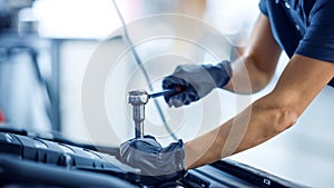 Close Up Shot of a Female Mechanic Working on a Car in a Car Service. Empowering Woman Makes an Us