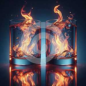 A close up shot of flames reflected in a pair of crystal clea photo