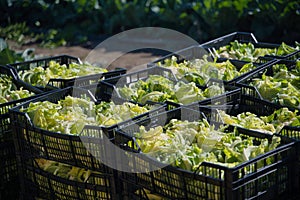 Close-up shot of fresh coliflors in black plastic crates photo