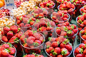 Close up shot of fresh cup fruits, Strawberry in Atwater Market