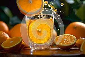 A close-up shot of fresh oranges being squeezed into a glass, capturing the vibrant colors and natural goodness of orange juice.