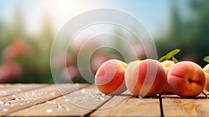 Close up shot fresh peach with water drops on wooden table at organic farm background. Generative AI