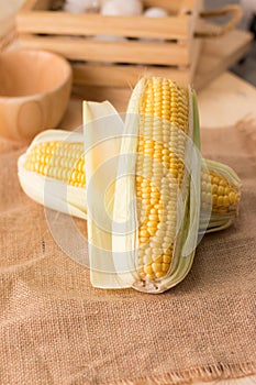 Close up shot Fresh ripe and peeled sweet corn high vitamin nature food