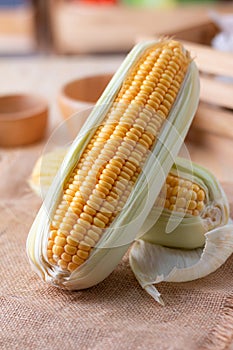 Close up shot Fresh ripe and peeled sweet corn high vitamin nature food