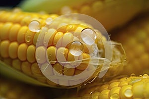 Close up shot Fresh ripe and peeled sweet corn with water drop high vitamin nature food select focus shallow depth