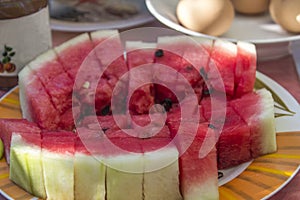 Close-up shot of fresh watermelon on the mediterrian breakfast table at Greece, Lesvos island