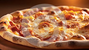 Close-up shot of freshly-baked pizza with sausage. Tasty fast food