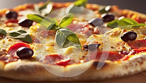 Close-up shot of freshly-baked pizza with sausage. Tasty fast food