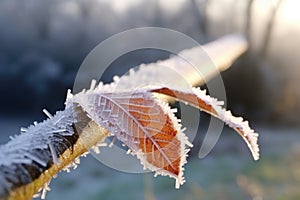 close-up shot of a frosty leaf edge in winter