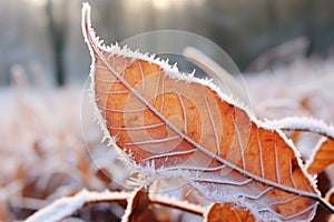 close-up shot of a frosty leaf edge in winter