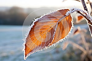 close-up shot of a frosty leaf edge in winter