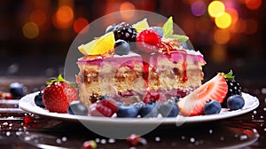 Close-up shot of a fruitcake, showcasing its delectable textures and vibrant, fruity adornments.