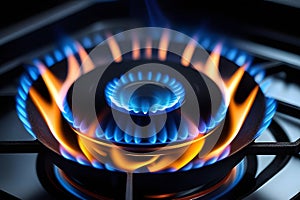 Close-up Shot of Gas Stove Burner with Blue Flame and Distinctive Yellow Tips