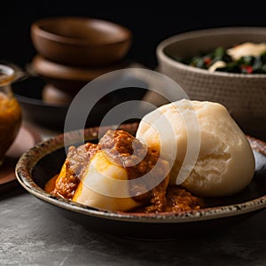 Close-Up Shot of Ghanaian Fufu with Soup and Vegetables