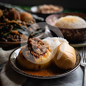 Close-Up Shot of Ghanaian Fufu with Soup and Vegetables