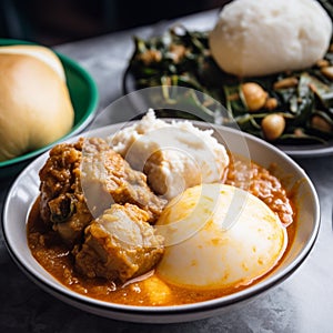 Close-Up Shot of Ghanaian Fufu with Soup and Vegetables