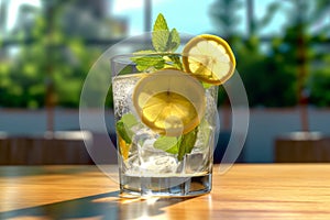 A close-up shot of a glass filled with ice cubes and freshly squeezed lemonade, garnished with a lemon slice and mint leaves,
