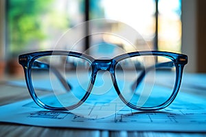Close-Up Shot of Glasses on a Plan Sheet Featuring Business and Architectural Statistics
