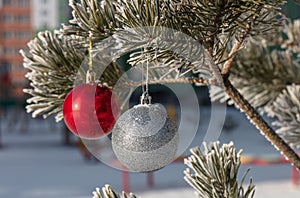 Close up shot of a glittering white and blurred shiny red Christmas balls hanging off a Christmas fir tree outside, all partially