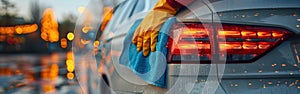 A close-up shot of a glove cleaning a car surface with a blurry background