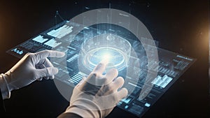 Gloved Hands Interacting with Holographic Data Visualization