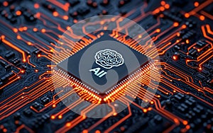 Advanced AI Technology Illuminated Microchip with Brain Icon Circuit Board Close Up AI generated.