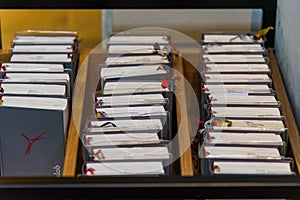 Close up shot of grey hymnbooks in German cathedral