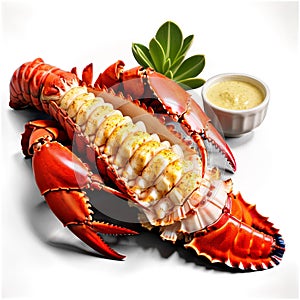 A close-up shot of a grilled lobster tail, highlighting the succulent meat and vibrant red shell,